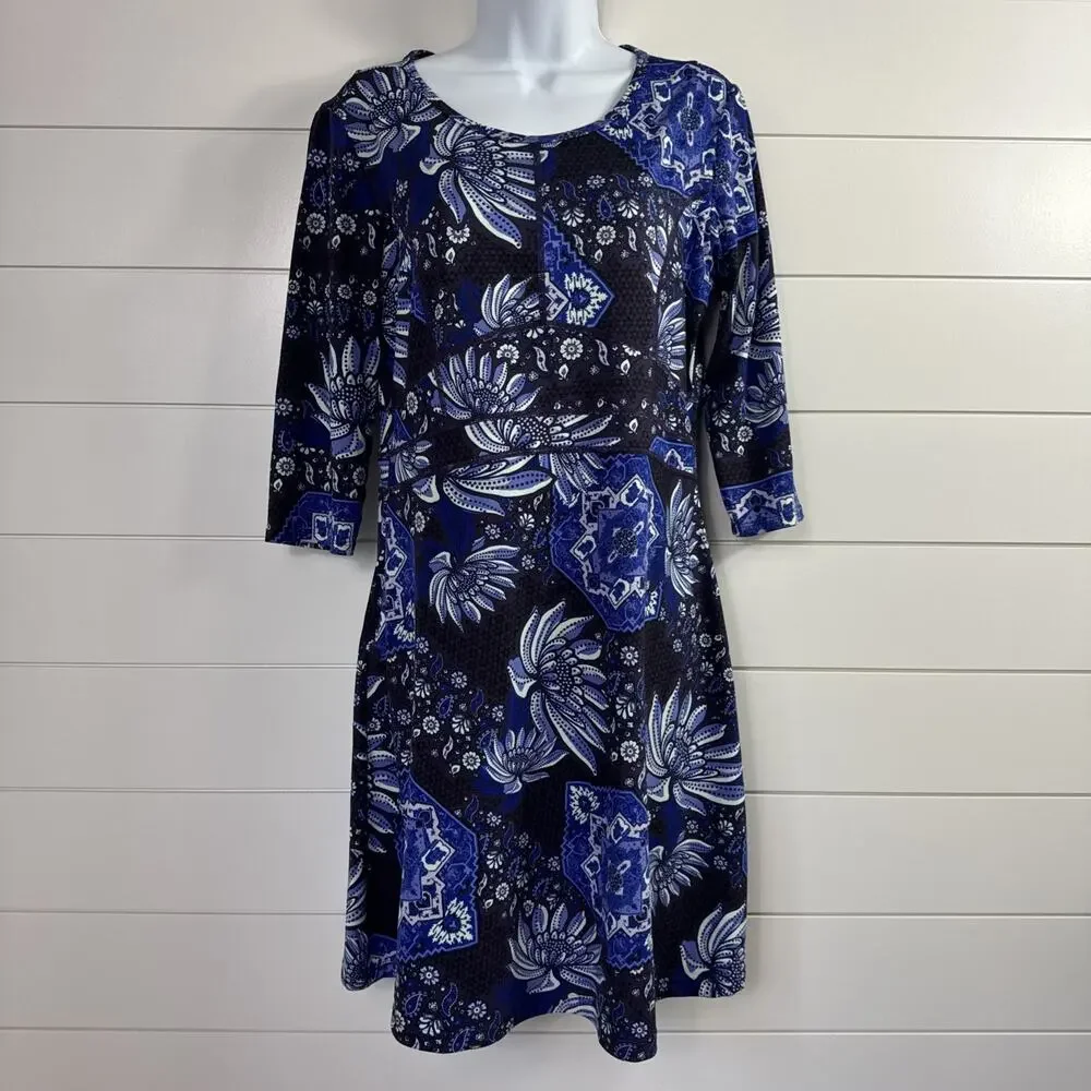 Title Nine Fit & Flare Dream 3/4 Sleeve Dress Paisley Floral Purple Print sz M